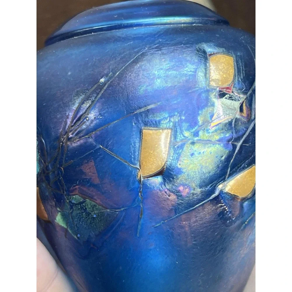 Robert Held Art Glass Handblown Vase Urn Cobalt Blue Carnival Mod Goth Mini Deco